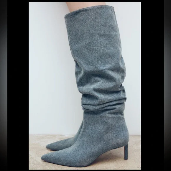 ZARA SLOUCHY DENIM BOOTS - Picture 5 of 16